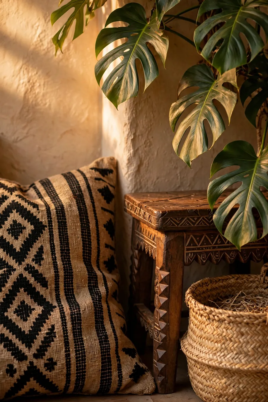 Afrohemian living room decor detail: mudcloth cushion, woven basket and carved wooden stool with monstera leaves in warm light
