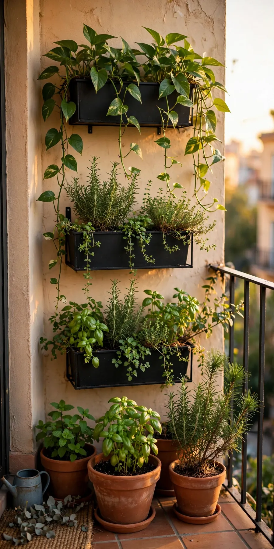 Vertical balcony garden ideas: wall-mounted planters with trailing pothos and herbs on a small sunny balcony
