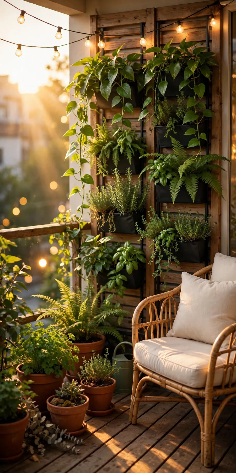 Lush vertical balcony garden with wall-mounted planters, terracotta pots and glowing string lights