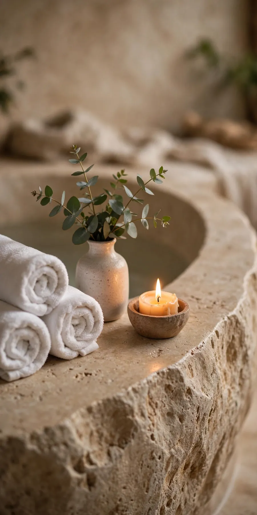Spa-like bathroom refresh detail: rolled white towels, eucalyptus sprig and glowing candle beside a stone bathtub