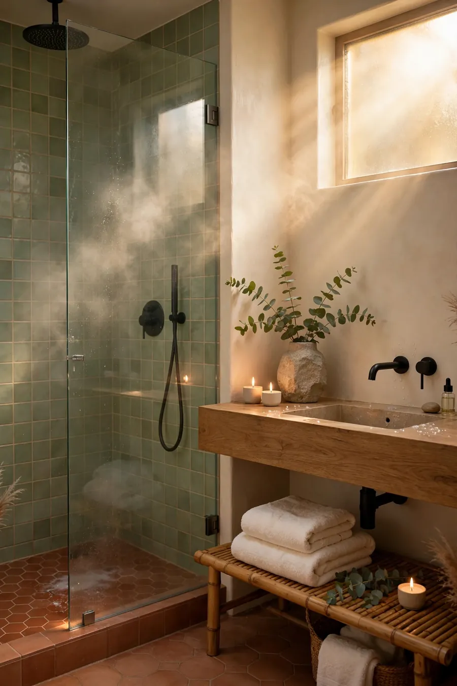 Spa-like bathroom refresh with walk-in shower, floating wood vanity, eucalyptus and warm candlelight