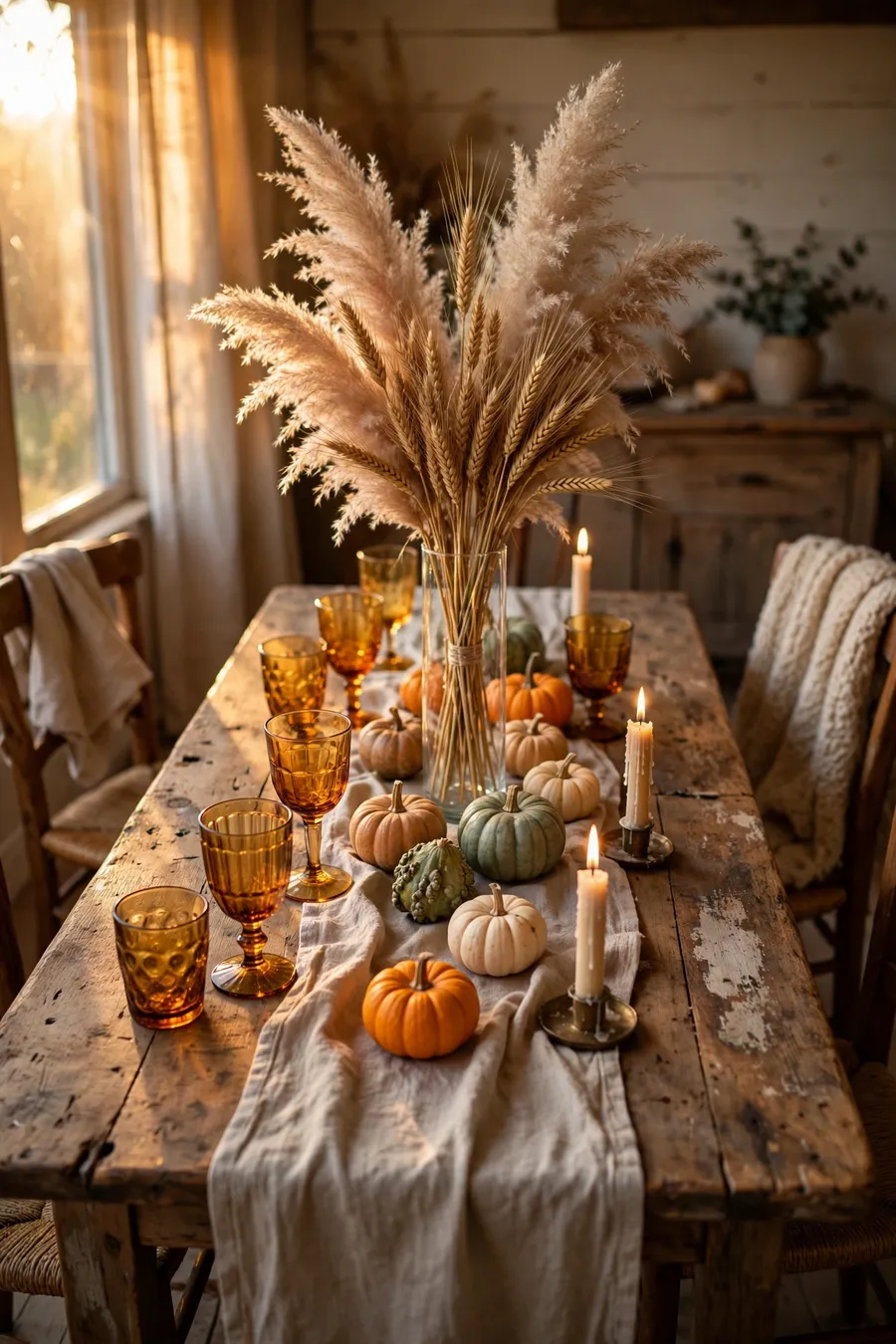 Budget Thanksgiving table decor ideas: rustic farmhouse table with dried wheat bundles, linen runner, thrifted amber glassware, small pumpkins and lit taper candles