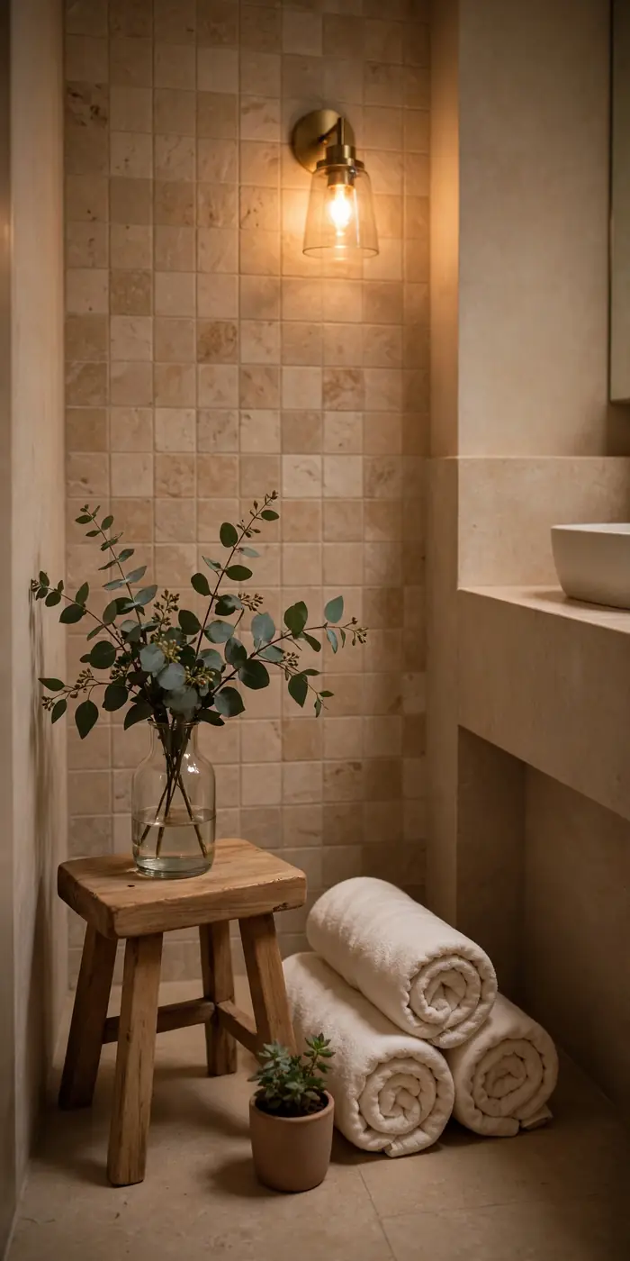 Spa-like small bathroom with eucalyptus and warm sconce light