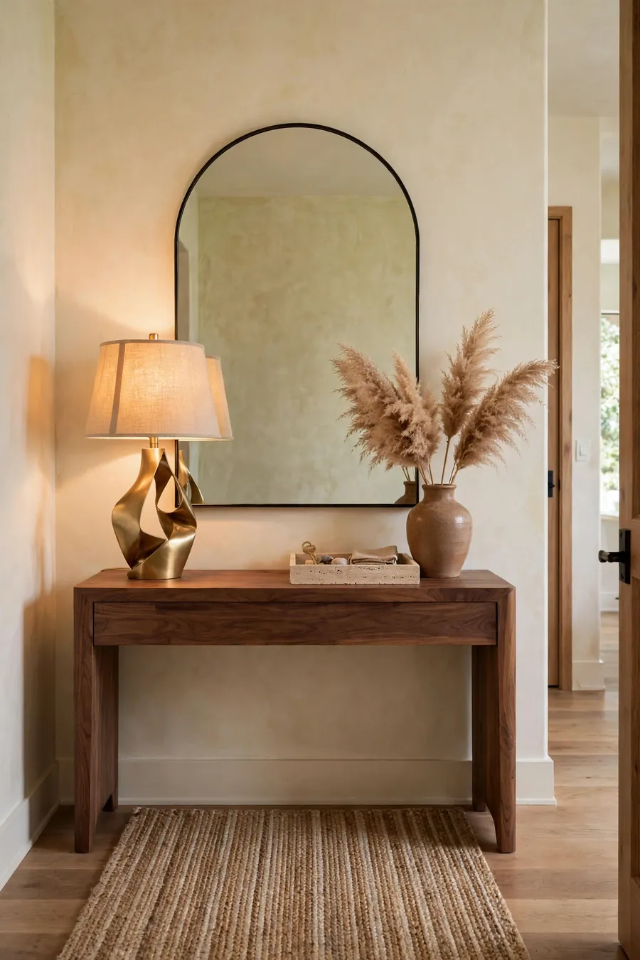 Welcoming entryway with wooden console table and round mirror