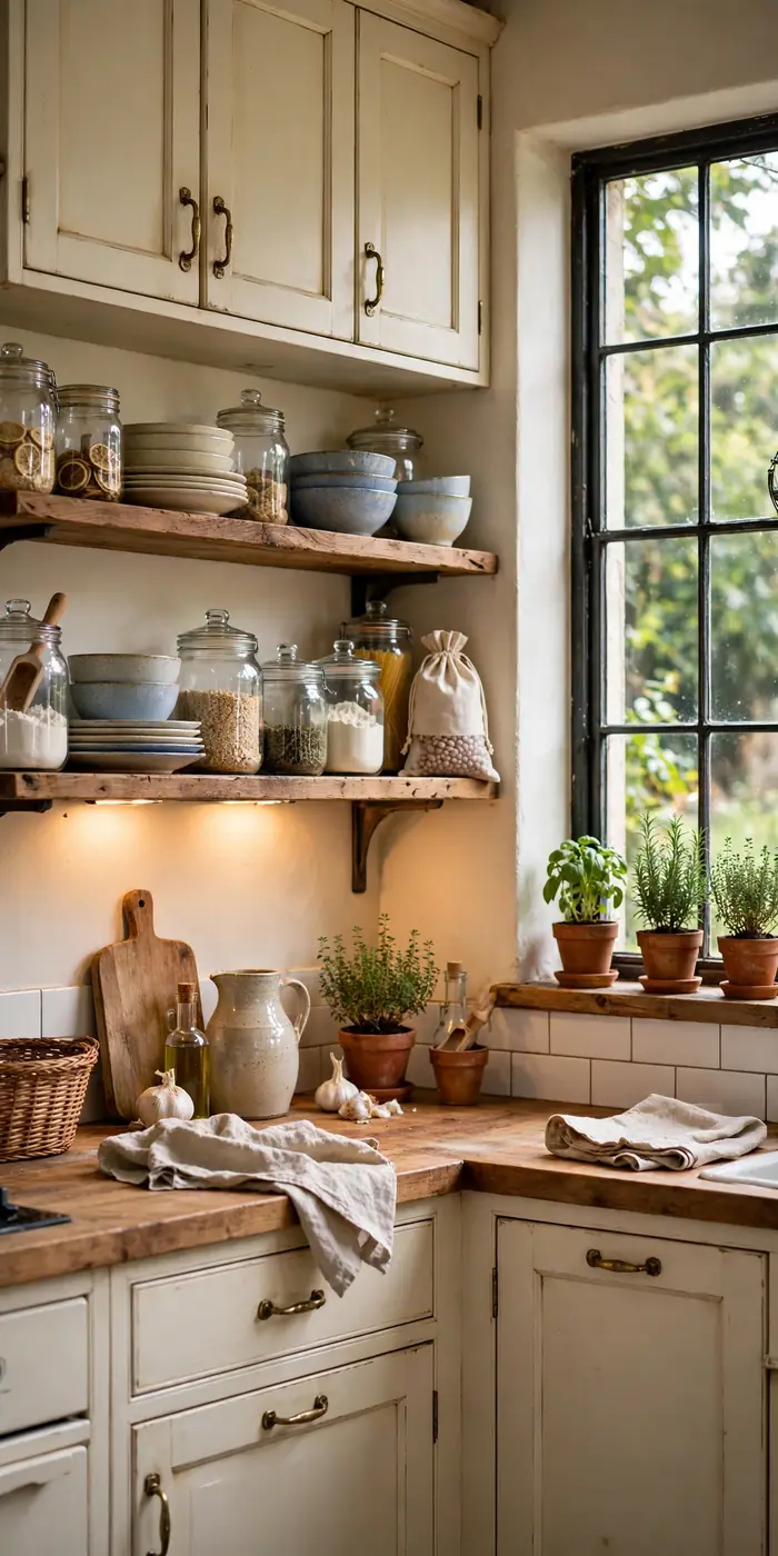 Organized pantry cabinet with pull-out shelves and glass jars