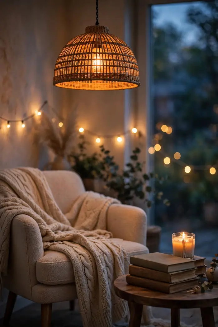 Warm lighting decor ideas with layered lamps and candlelight in a cozy living room