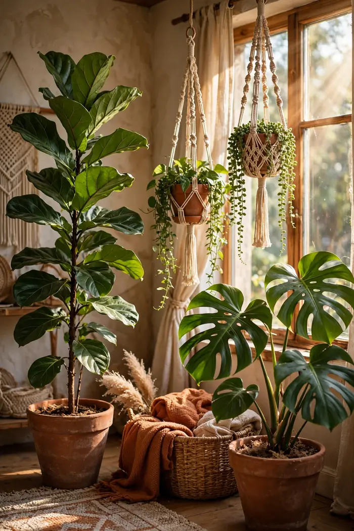 Indoor plants in a bright styled corner with ceramic pots