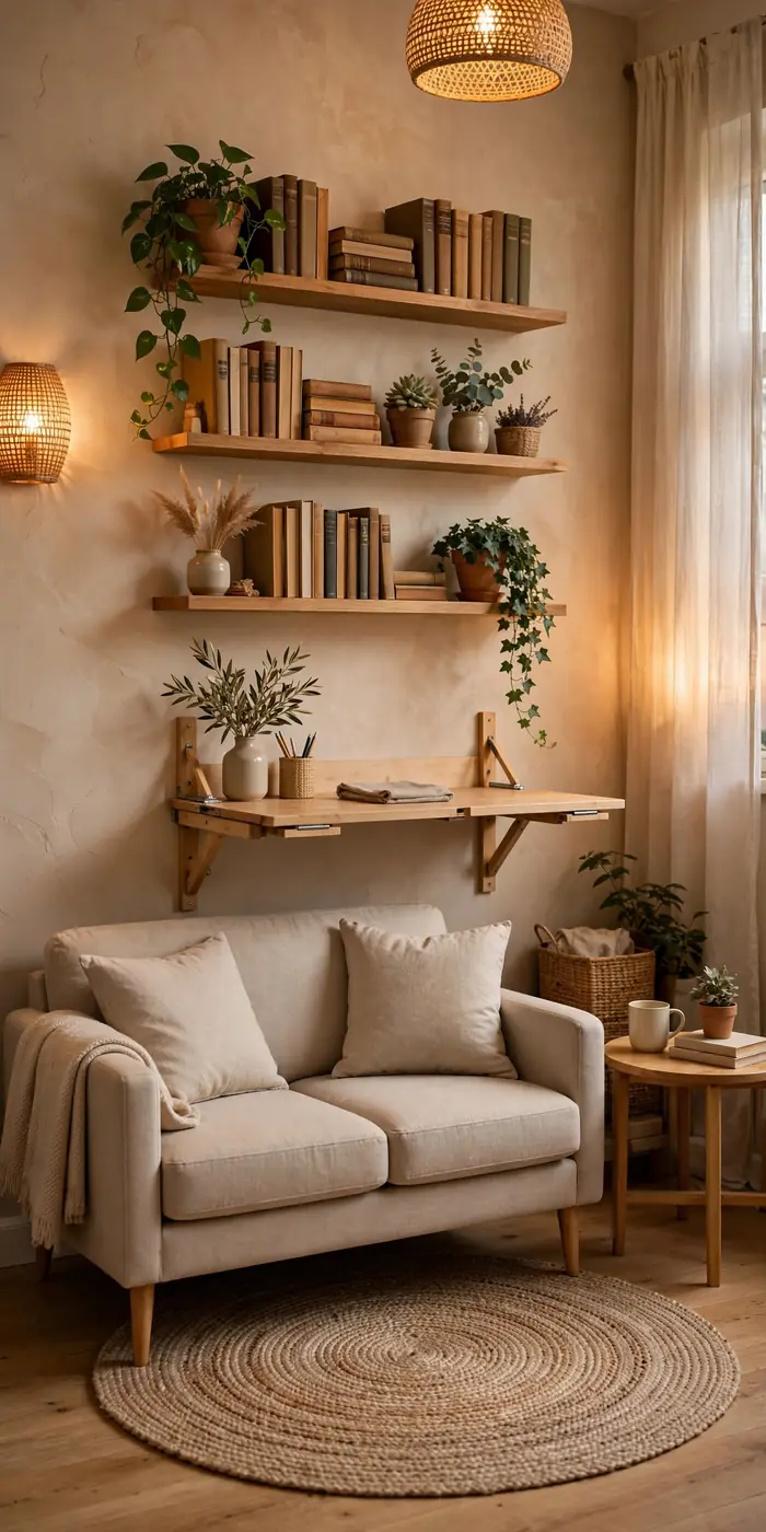 Small apartment living area with floating shelves, compact loveseat and smart storage