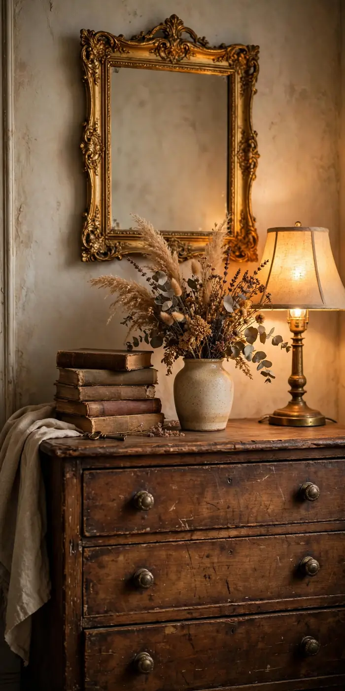 Vintage styled corner with antique dresser and gold mirror