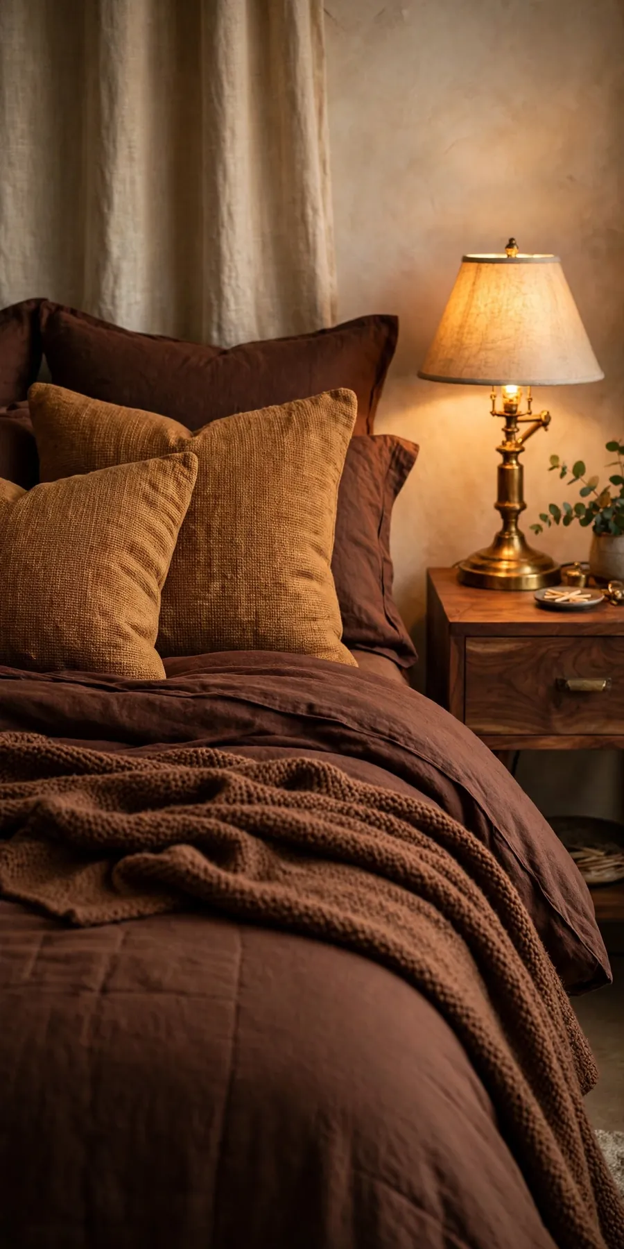 Chocolate brown bedroom ideas: layered cocoa bedding with caramel pillows and glowing brass bedside lamp