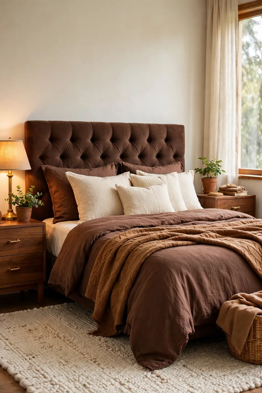 Chocolate brown bedroom ideas: rich cocoa upholstered headboard, layered caramel bedding and warm golden lamp glow
