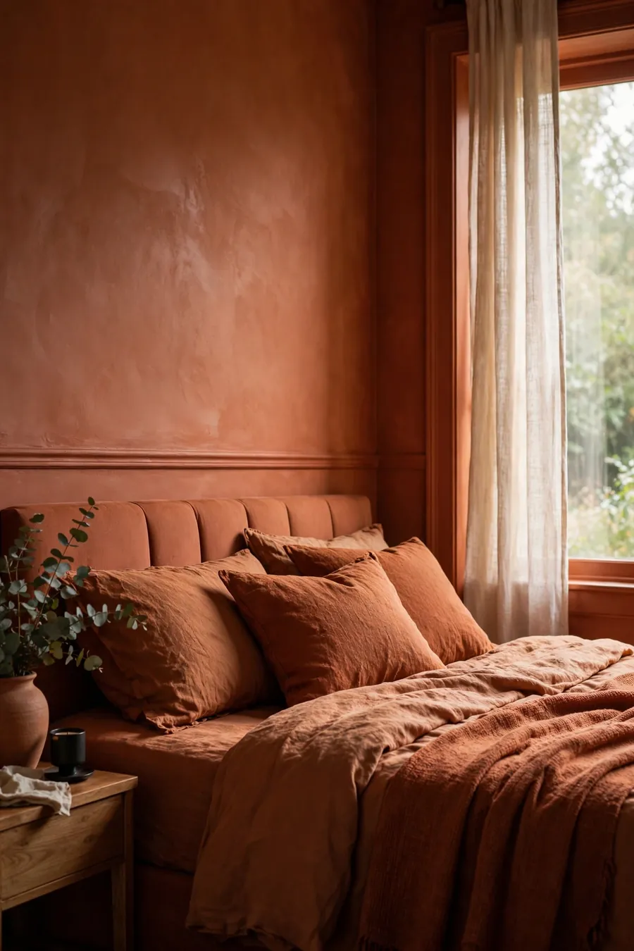 Color drenched bedroom ideas: terracotta-drenched walls, trim and headboard with tonal rust bedding