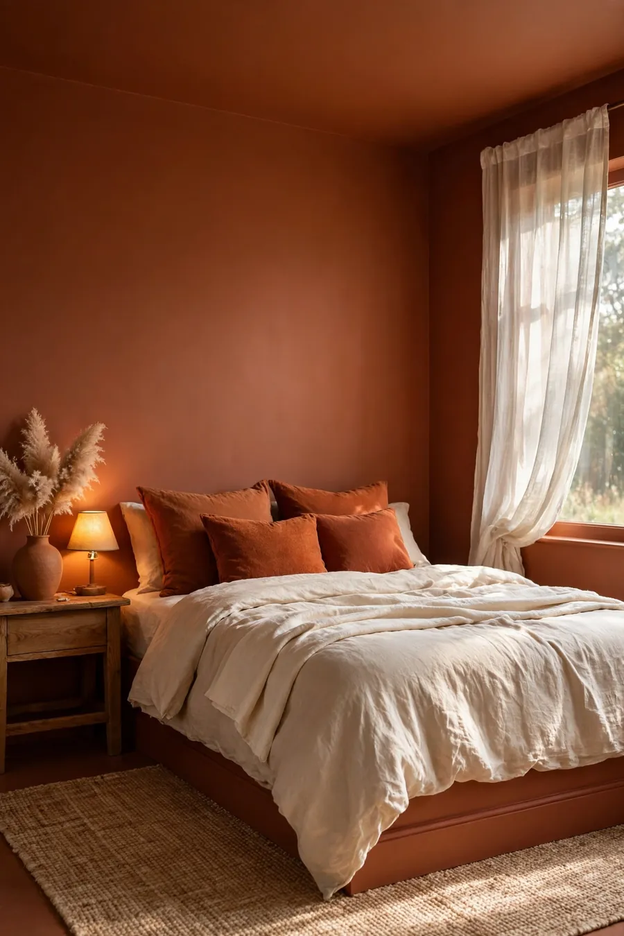 Color drenched bedroom ideas: terracotta walls and ceiling drenched in one warm hue, cozy bed with cream linen bedding
