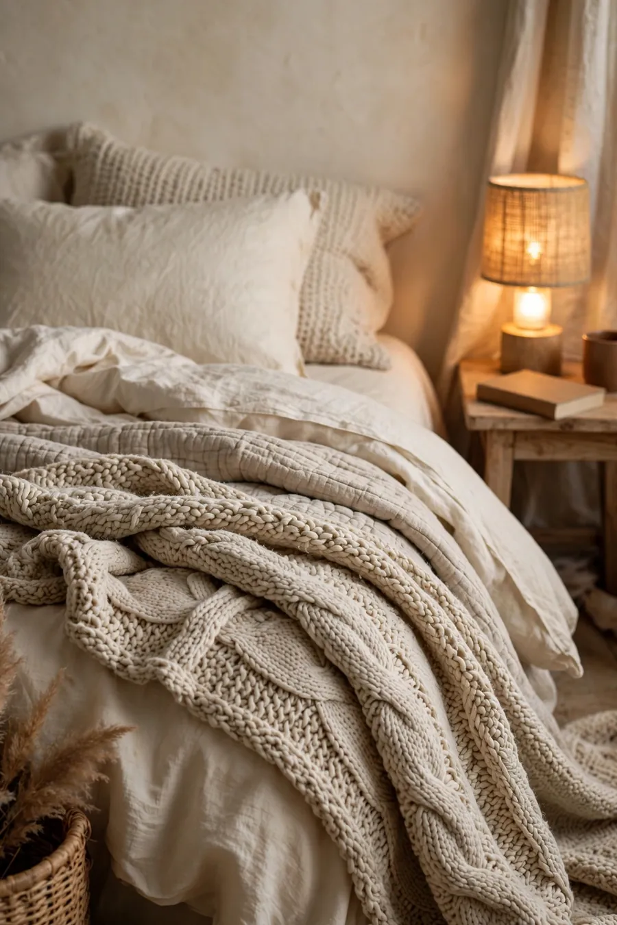Cozy bedroom decor on a budget: layered cream bedding with chunky knit throw and warm bedside lamp