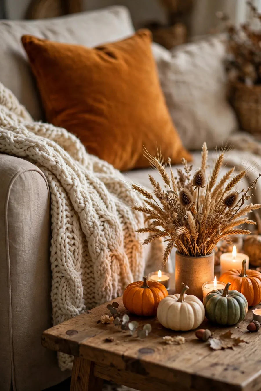 Cozy fall living room decor: chunky knit throw, amber cushions, pumpkins and dried botanicals by candlelight