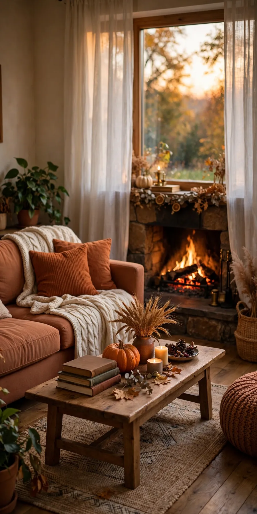 Cozy fall living room decor ideas: warm autumn living room with terracotta sofa, knit throws, pumpkins and fireplace glow