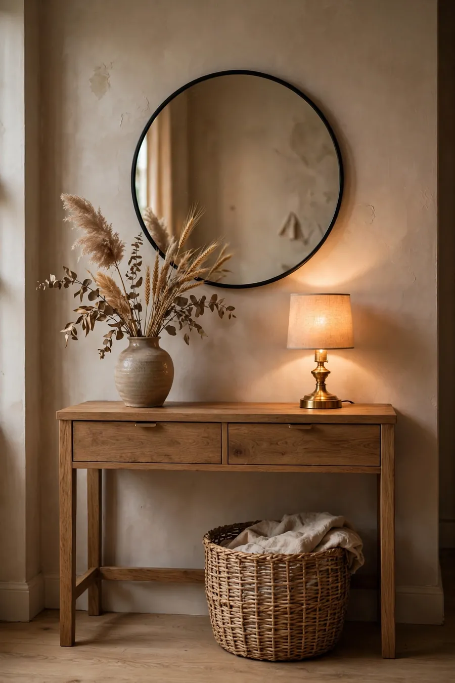 Entryway console table styling: round mirror, ceramic vase with dried stems and glowing brass lamp