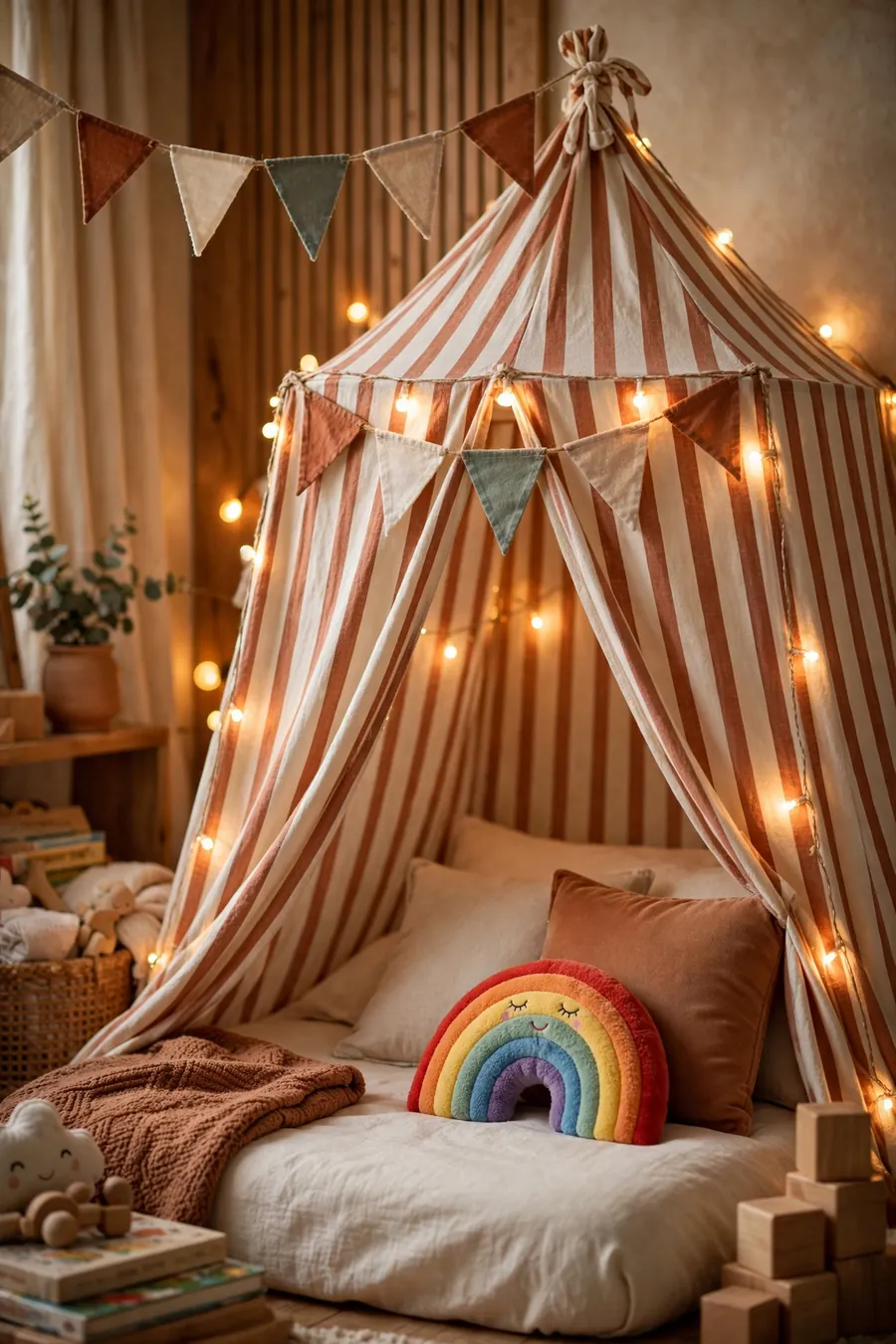 FunHaus kids room ideas: striped bed canopy tent, pennant garland and warm string lights