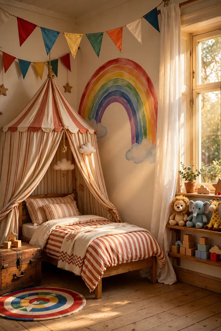 FunHaus kids room ideas: circus-inspired kids bedroom with striped canopy tent and pennant garland