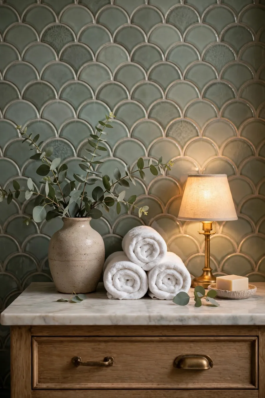 Bathroom inspo: styled vanity with eucalyptus, rolled towels, brass lamp and fish-scale wallpaper