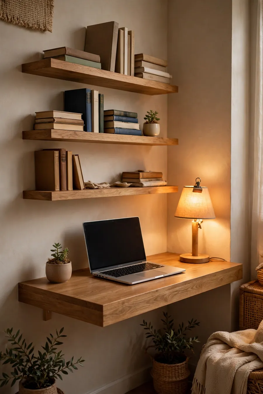 Small home office nook ideas: floating desk with laptop, wall shelves and warm desk lamp in a cozy corner