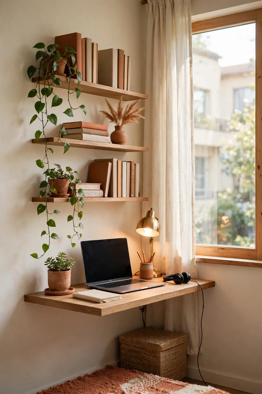 Cozy small home office nook with floating wooden desk under a bright window, warm lamp glow and plants on shelves