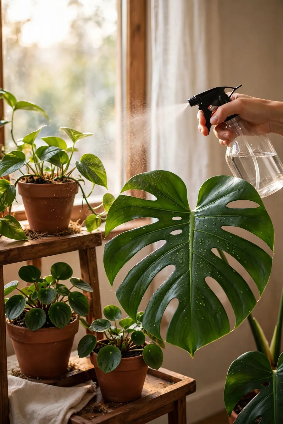 Indoor plant care tips: misting a monstera leaf among healthy houseplants on a wooden stand by a bright window