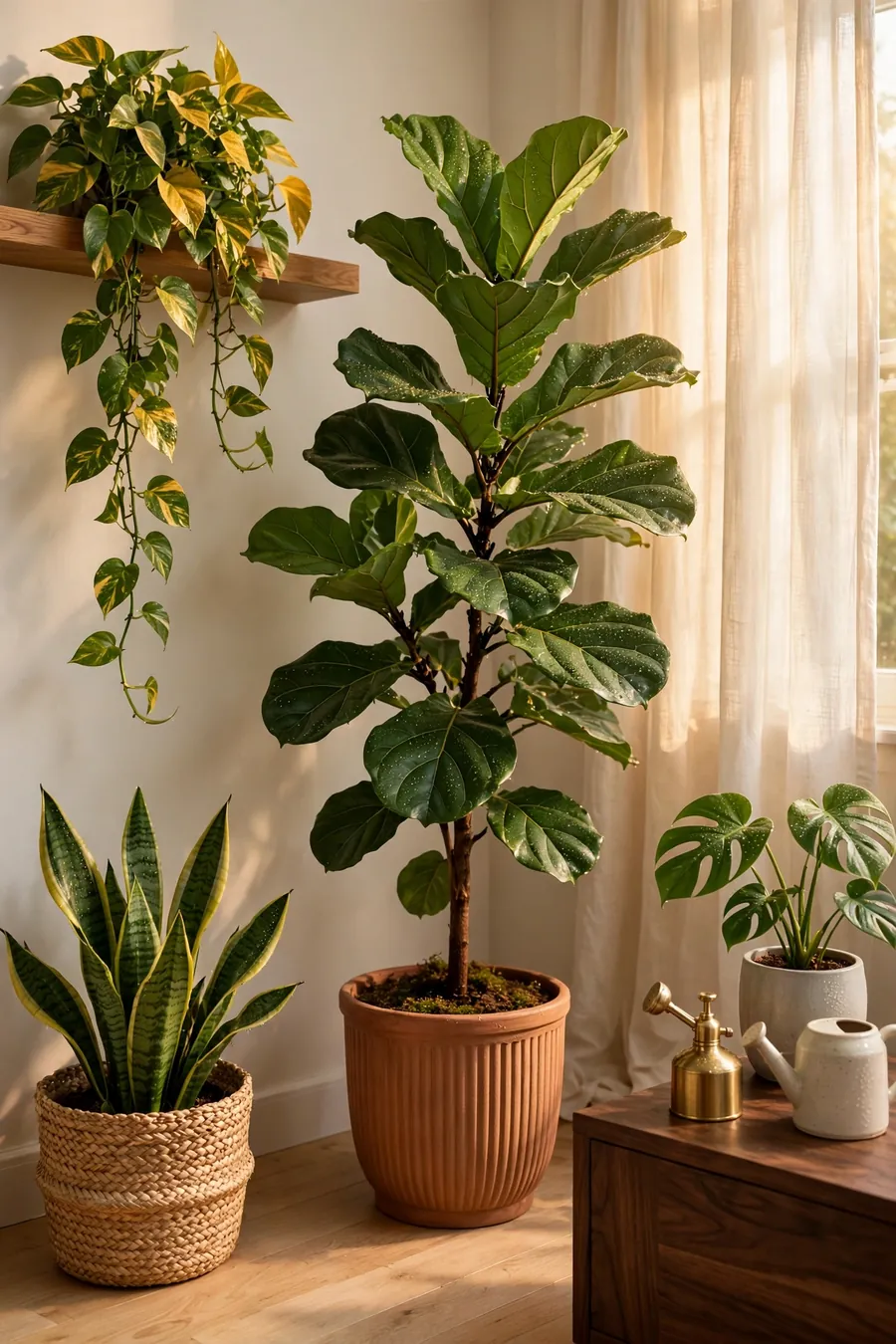 Sunlit indoor plant corner with fiddle-leaf fig, trailing pothos and snake plant