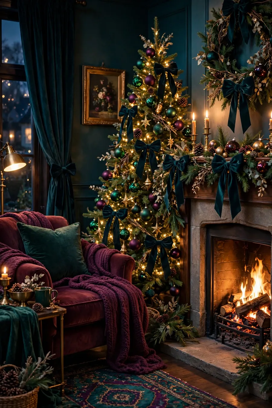 Jewel-toned Christmas decor ideas: living room with emerald green and plum ornaments on a Christmas tree, midnight teal velvet bows and warm fireplace glow