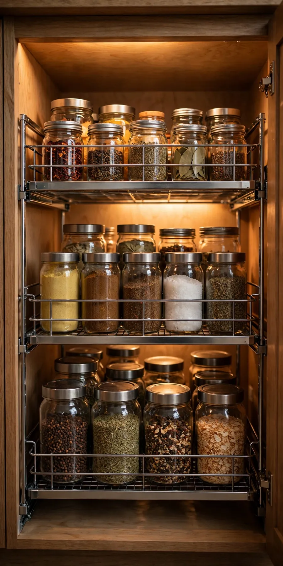 Pull-out pantry organizer ideas: open cabinet with sliding shelves of organized jars under warm light