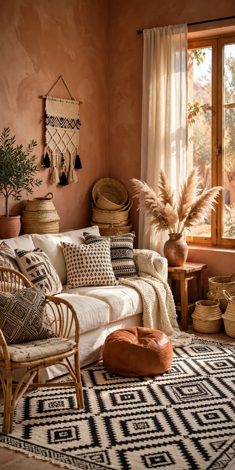 Motif berbere living room ideas: Berber diamond rug, rattan chair, mudcloth pillows and woven baskets in warm light