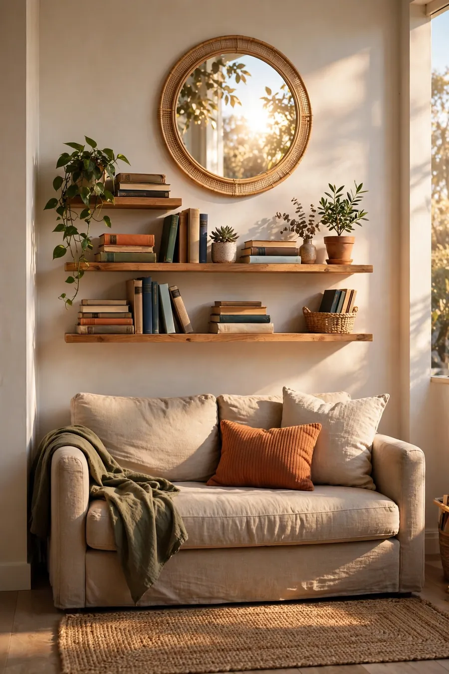 Small apartment space saving ideas: floating shelves above a compact sofa, round mirror and jute rug in sunlight