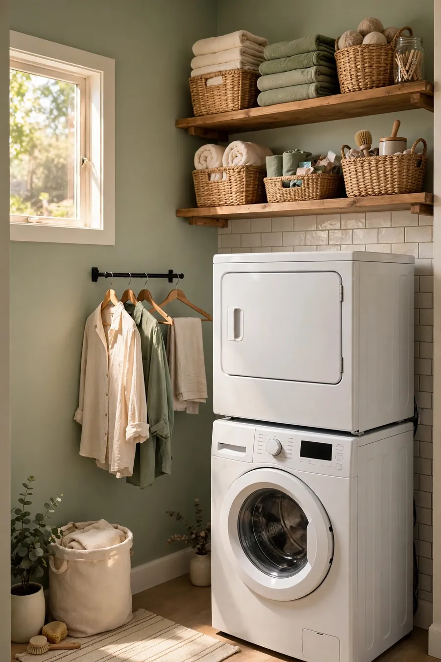 Small laundry room makeover on a budget: stacked washer dryer with open wooden shelves, woven baskets and sage green walls