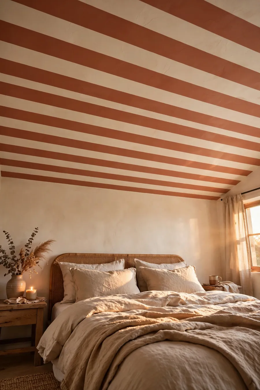 Striped ceiling bedroom ideas: terracotta and cream wide stripes above a cozy linen bed