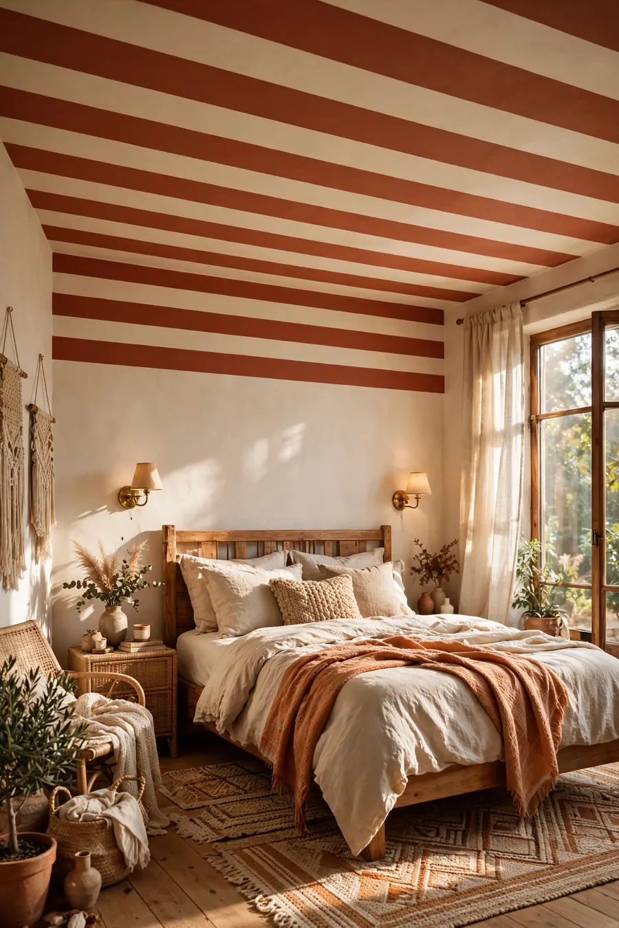 Bedroom with bold terracotta and cream striped ceiling — striped ceiling bedroom ideas
