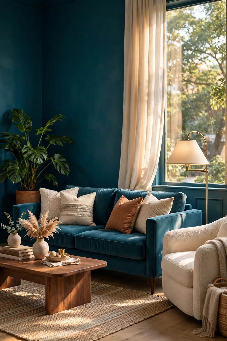 Transformative teal living room ideas: bold blue-green teal walls, teal velvet sofa and cream boucle armchair in warm light