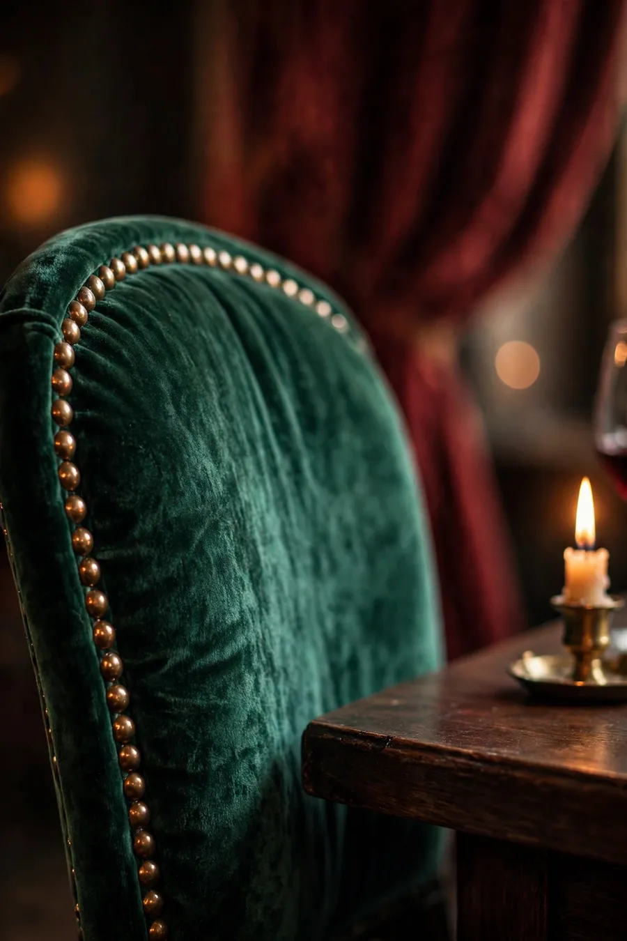 Velvet opera dining room ideas detail: emerald velvet chair with brass nailhead trim beside a candlelit table and wine-red drapes