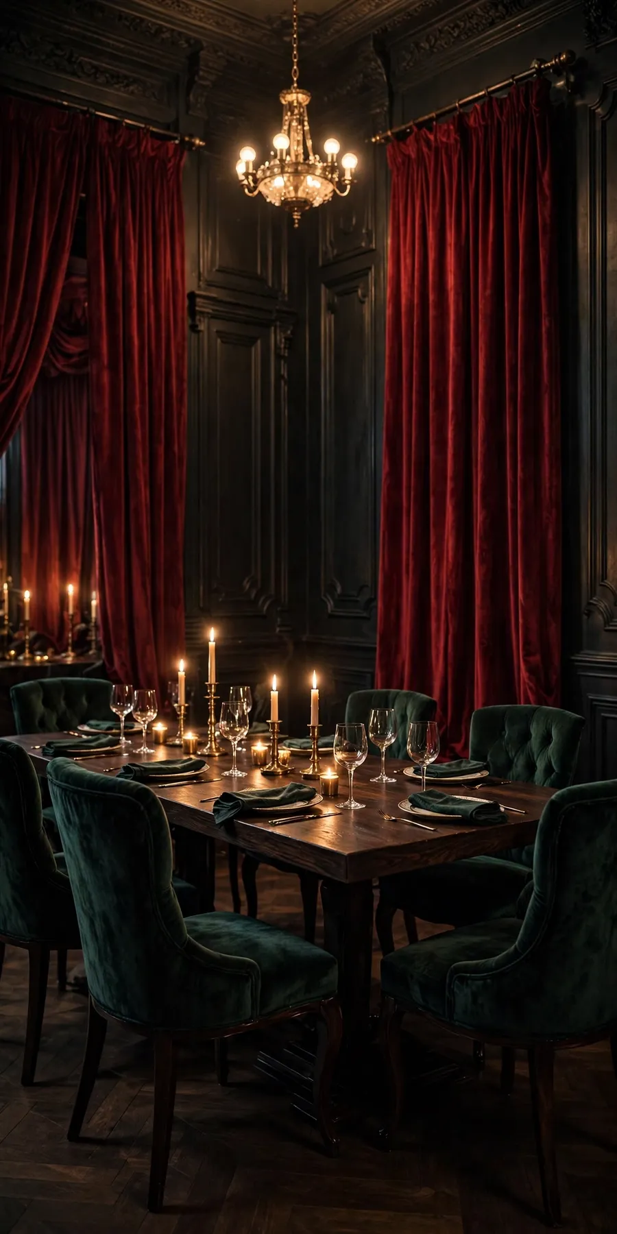 Velvet opera dining room ideas: emerald velvet dining chairs, wine-red floor-length drapes and a candlelit dark wood table