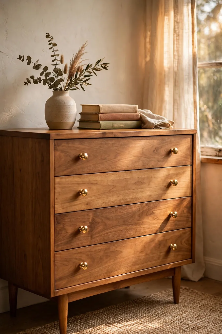 Vintage thrift flips: refinished mid-century dresser with new brass knobs styled with vase and books