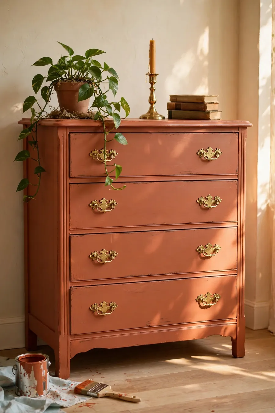 Flipped vintage wooden dresser in warm terracotta paint with brass handles, styled with plant, candlestick and books