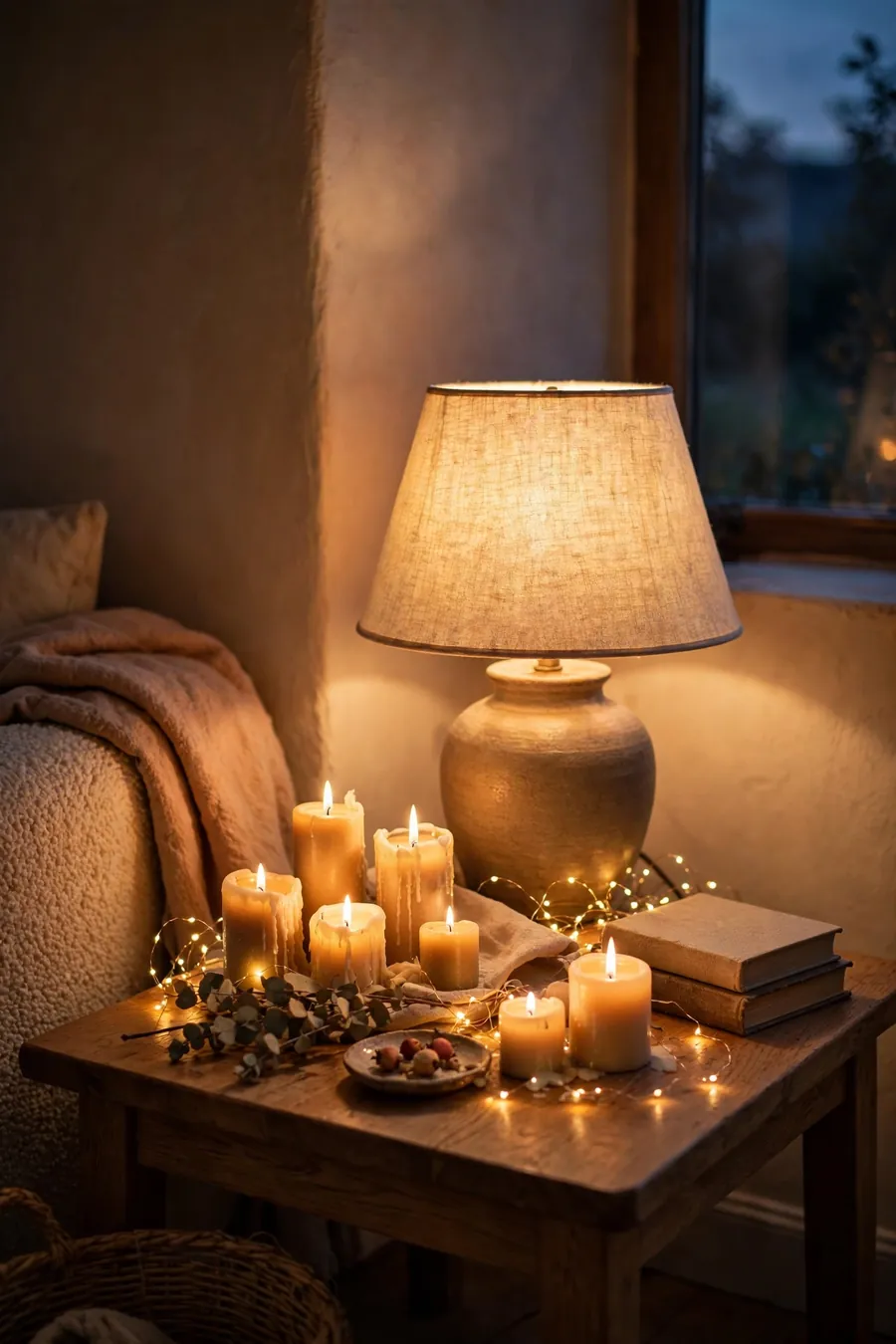Warm lighting decor: glowing linen-shade lamp with candles and fairy lights in a cozy corner