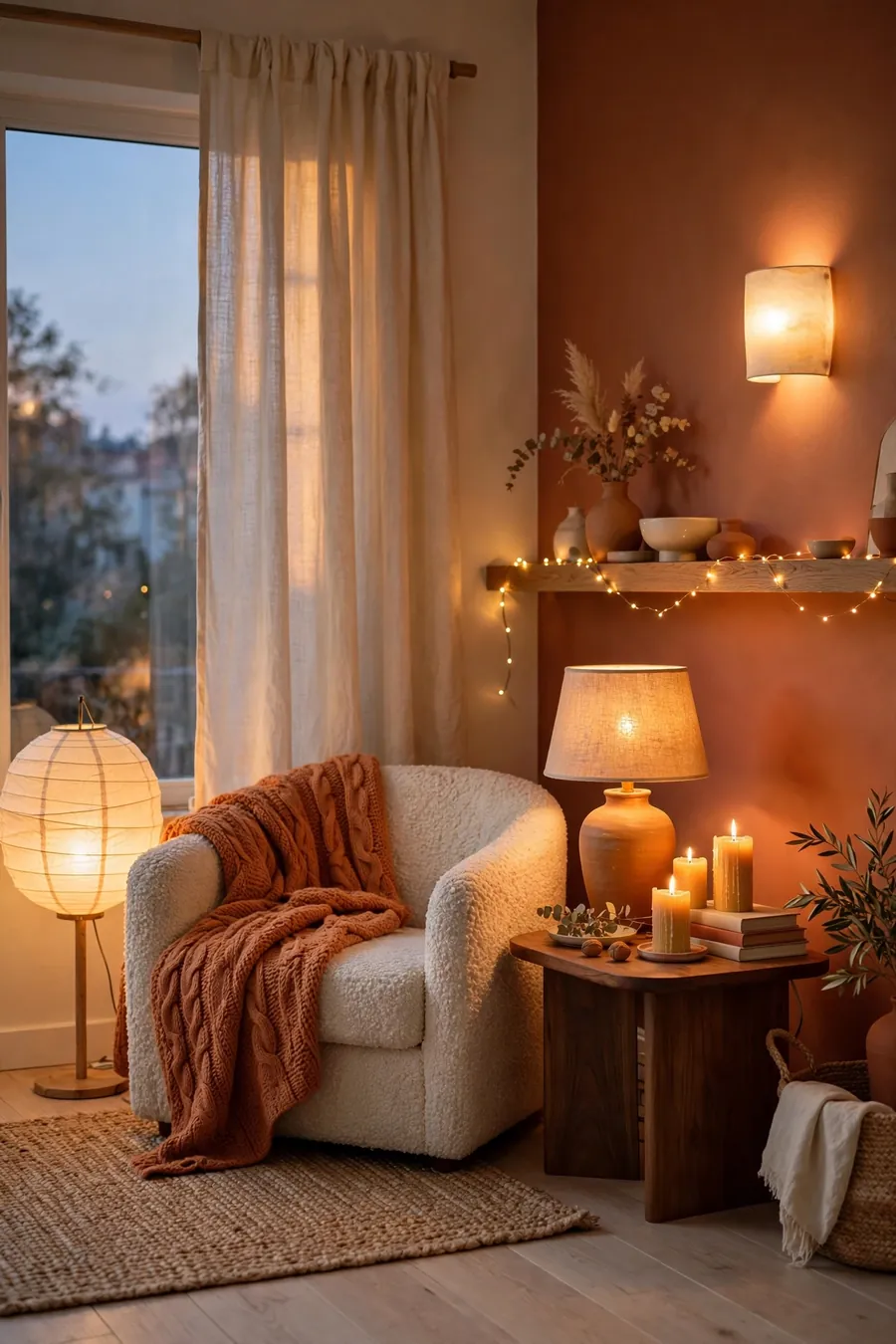 Cozy living room at dusk with warm layered lighting, lantern lamp glow and candles