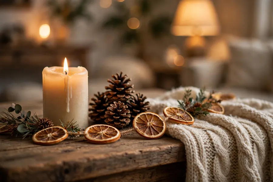 Winter decor after Christmas detail: candle and pinecones styled on a rustic coffee table