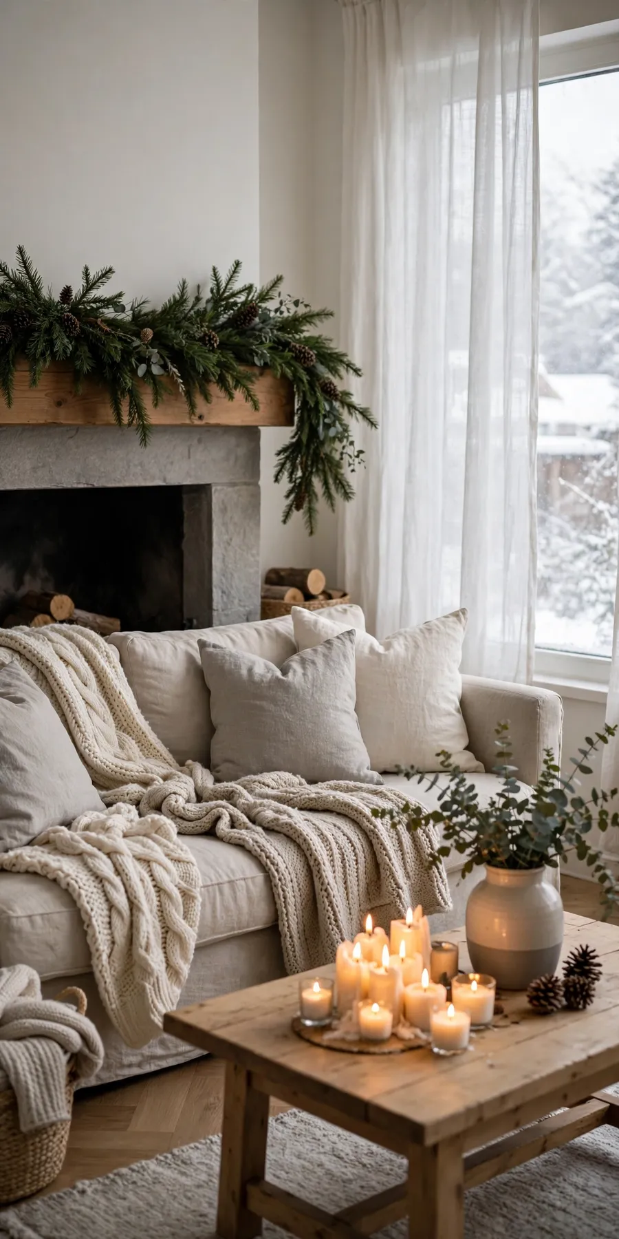 Winter decor after Christmas: cozy living room with evergreen garland, chunky knit throws and warm candle light