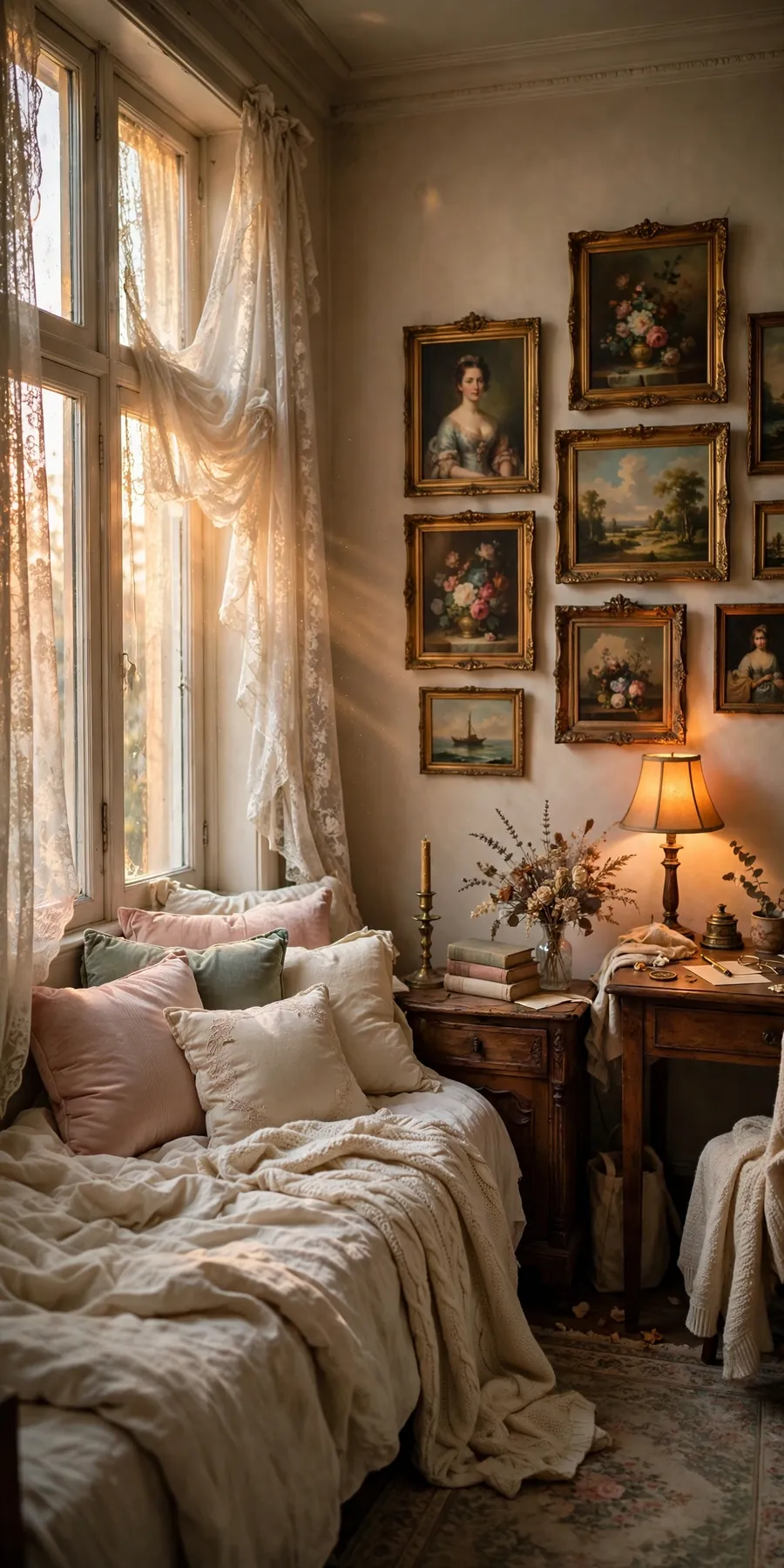 Yearning aesthetic dorm room: romantic dorm bed with lace curtains, vintage gold-framed oil paintings and thrifted brass lamp